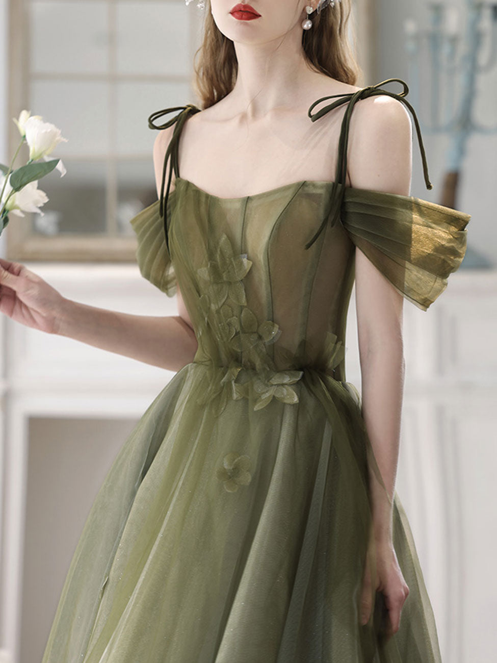 A-Line Off Shoulder Green Tulle Long Prom Dress, Green Formal Dresses shopluu A-Line Off Shoulder Green Tulle Long Prom Dress, Green Formal Dresses shopluu