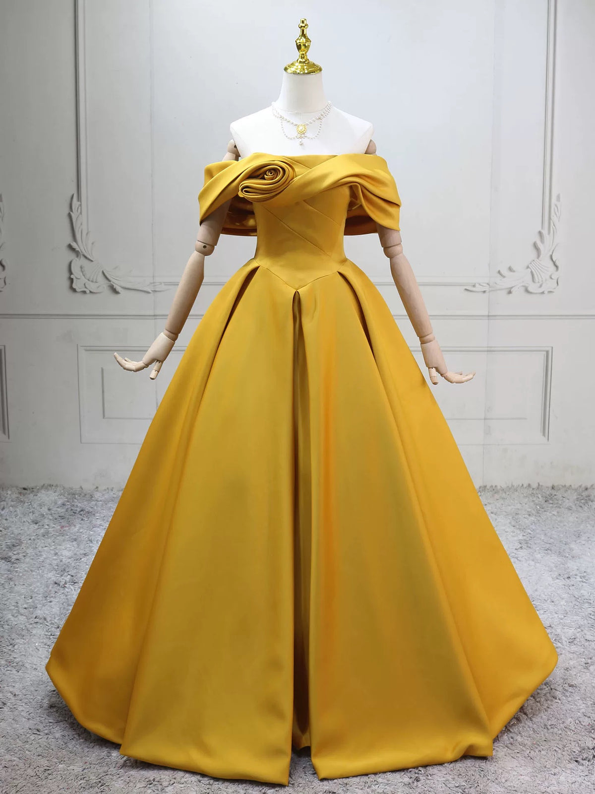 A-Line Off Shoulder Satin Yellow Long Prom Dress, Yellow Long Formal Dress