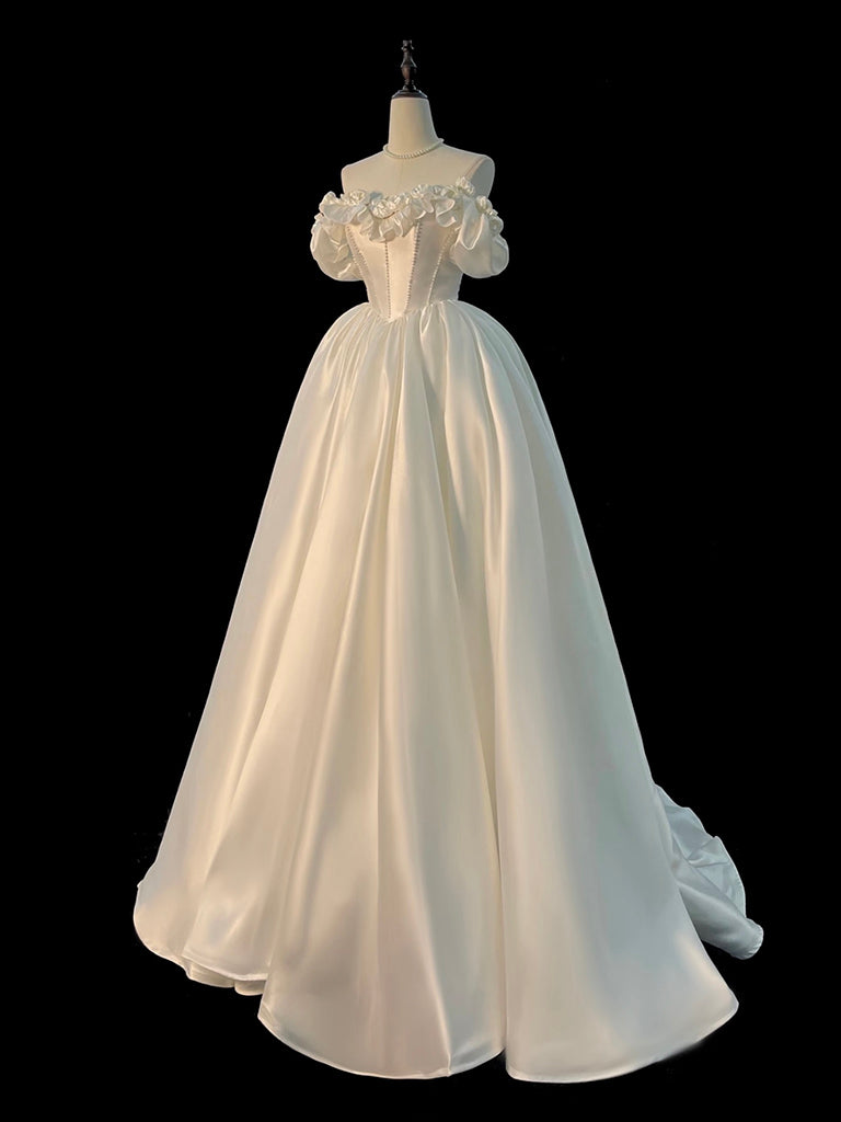 A-Line Off Shoulder Sweep Train Satin Ivory White Long Prom Dress