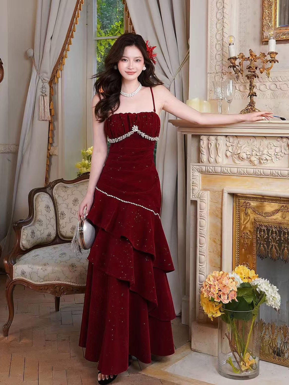 Unique Velvet Ruffles Floor Length Burgundy Prom Dress, Burgundy Party Dress