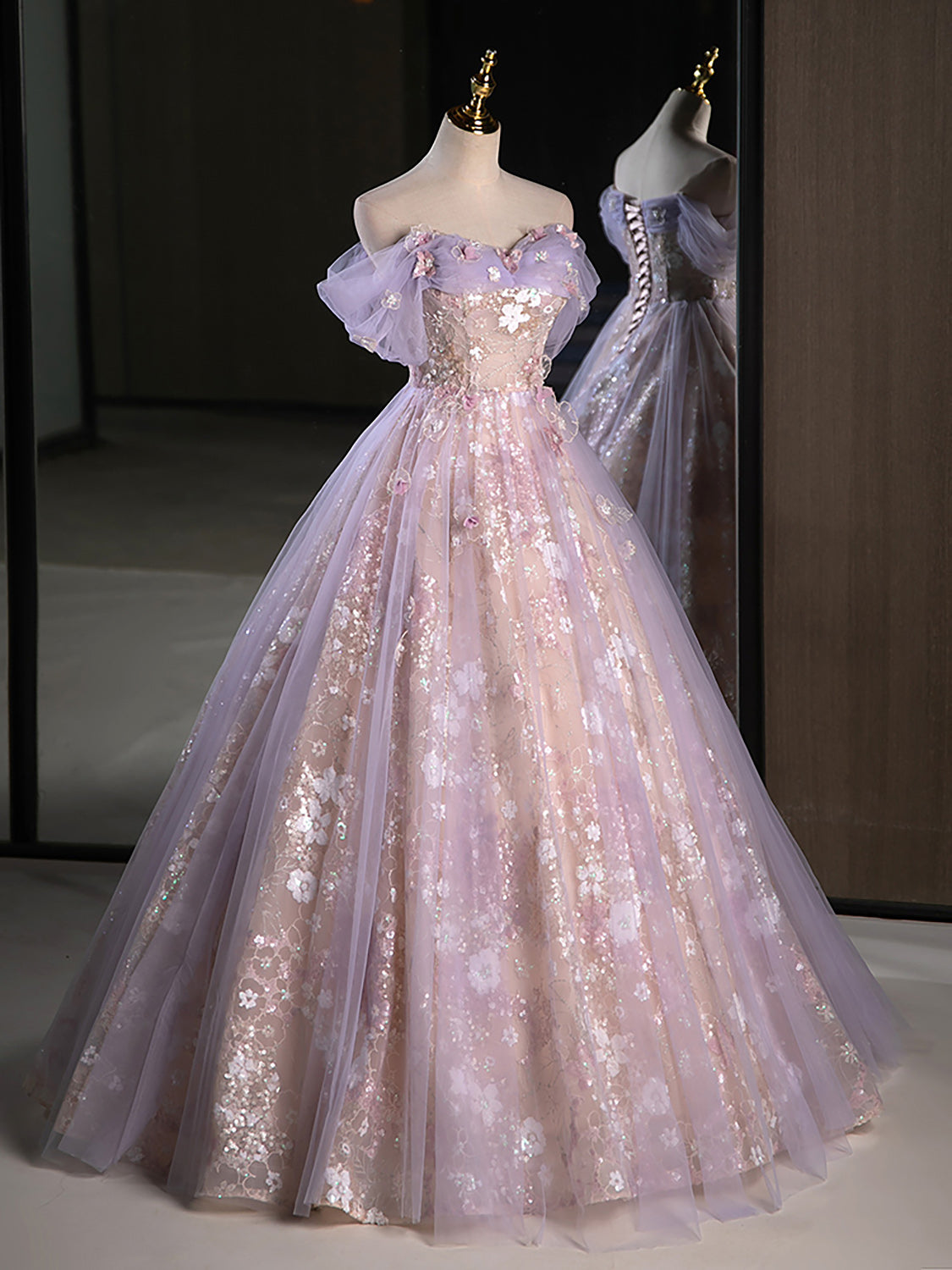 Purple A-Line Off the Shoulder Sequins Prom Dress, Lovely Tulle Corset Floor Length Evening Dress US 2 / Same As Picture Purple A-Line Off the Shoulder Sequins Prom Dress, Lovely Tulle Corset Floor Length Evening Dress US 2 / Same As Picture