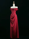 A-Line Off Shoulder Satin Burgundy Long Prom Dress, Burgundy Long Formal Dress