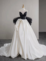 A-Line V Neck Satin Tulle White/Black Long Prom Dress, White/Black Long Formal Dress