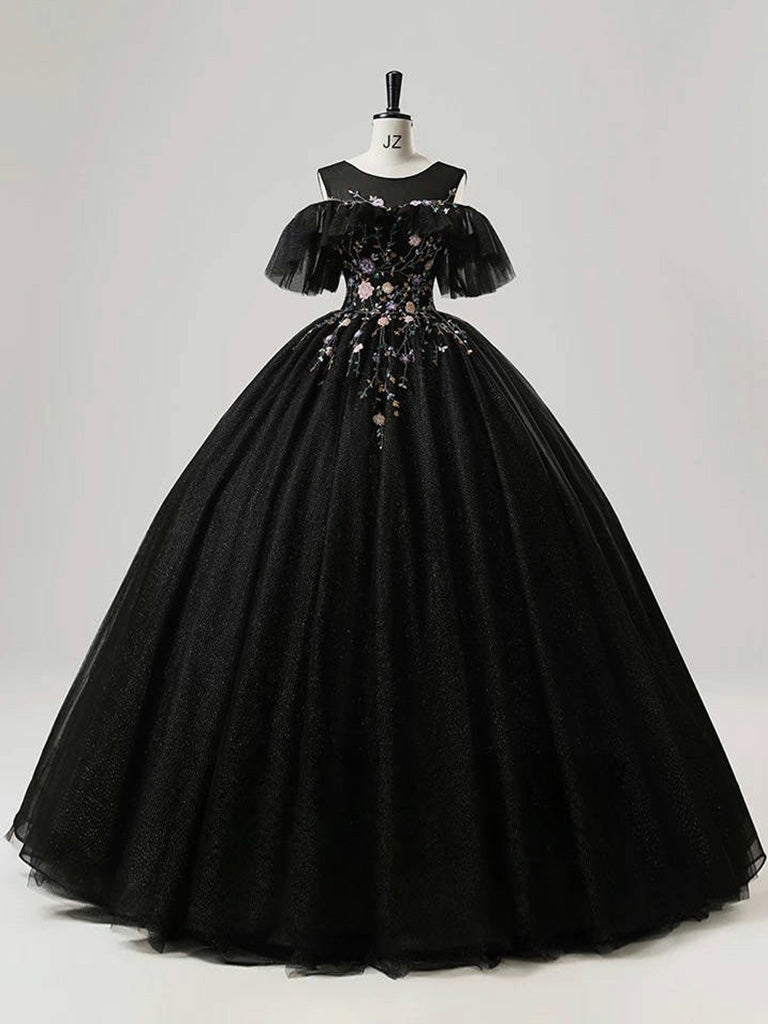 A-Line Round Neck Tulle Lace Black Long Prom Dress, Black Long Sweet 16 Dress