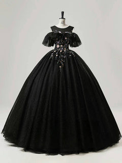 A-Line Round Neck Tulle Lace Black Long Prom Dress, Black Long Sweet 16 Dress
