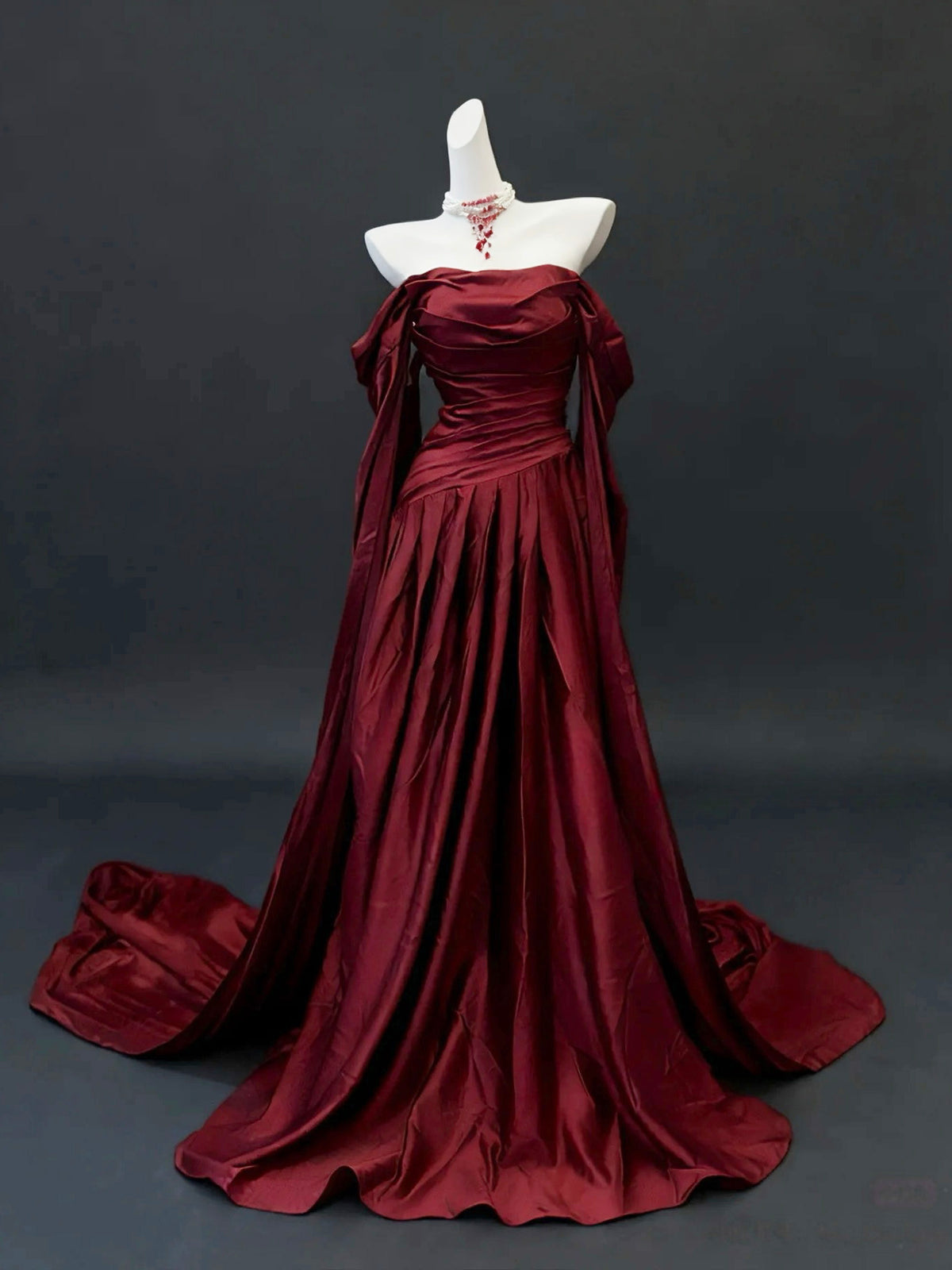 A-Line Off Shoulder Sweep Train Satin Burgundy Long Prom Dress