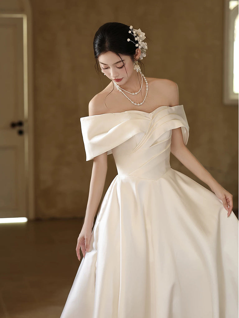 A-Line Off Shoulder Satin White Long Prom Dress, White Long Formal Dress