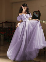 A-Line Off Shoulder Tulle Purple Long Prom Dress, Purple Long Formal Dress