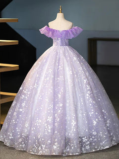 A-Line Off Shoulder Tulle Lace Purple Long Prom Dress, Purple Long Formal Dress