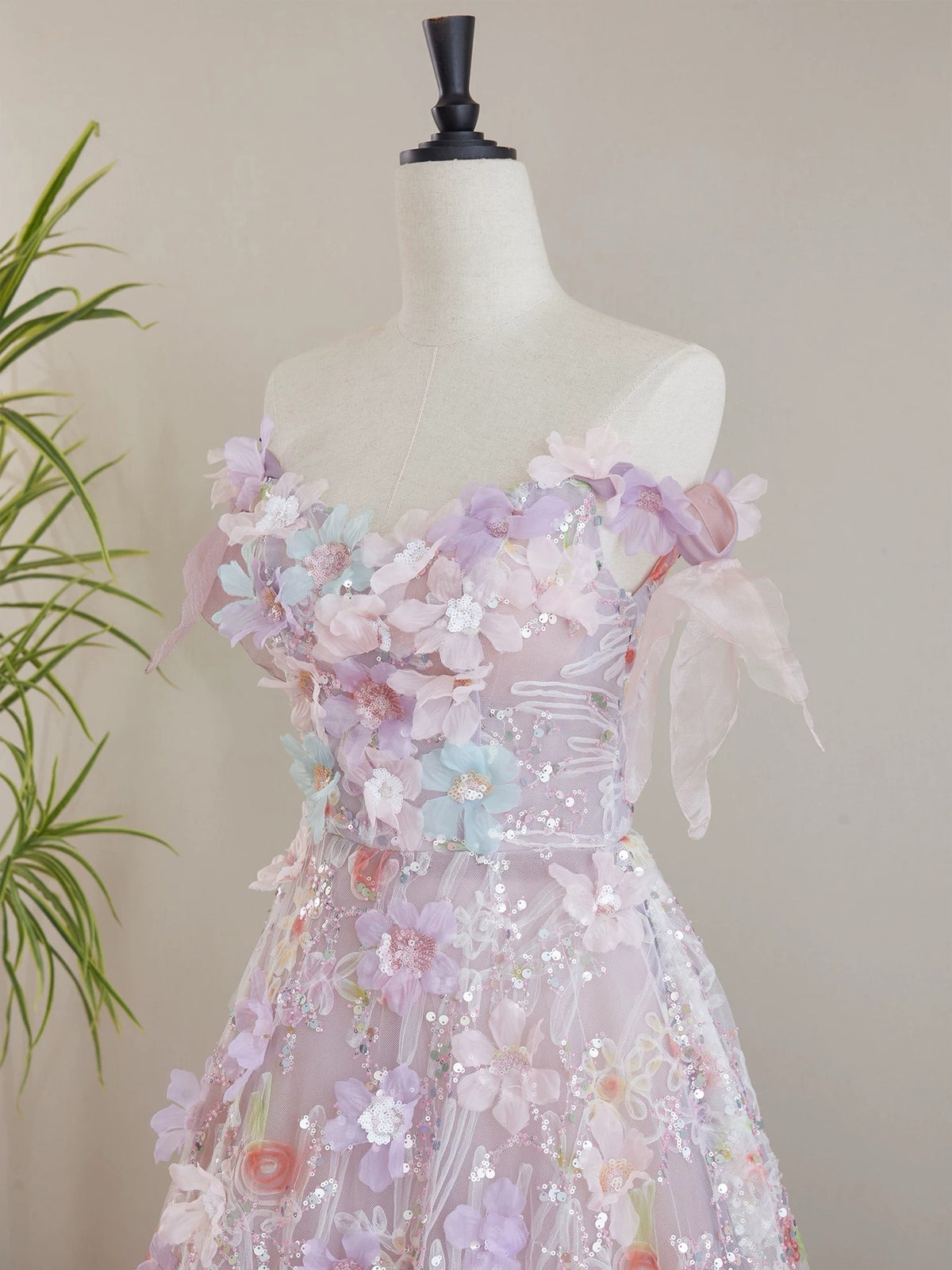 A-Line Tulle Lace Flower Pink Long Prom Dress, Pink Formal Dress