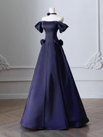 A-Line Off Shoulder Satin Dark Blue Long Prom Dress, Dark Blue Long Formal Dress