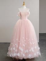 A-Line Off Shoulder Tulle Flower Pink Long Prom Dress, Pink Long Evening Dress