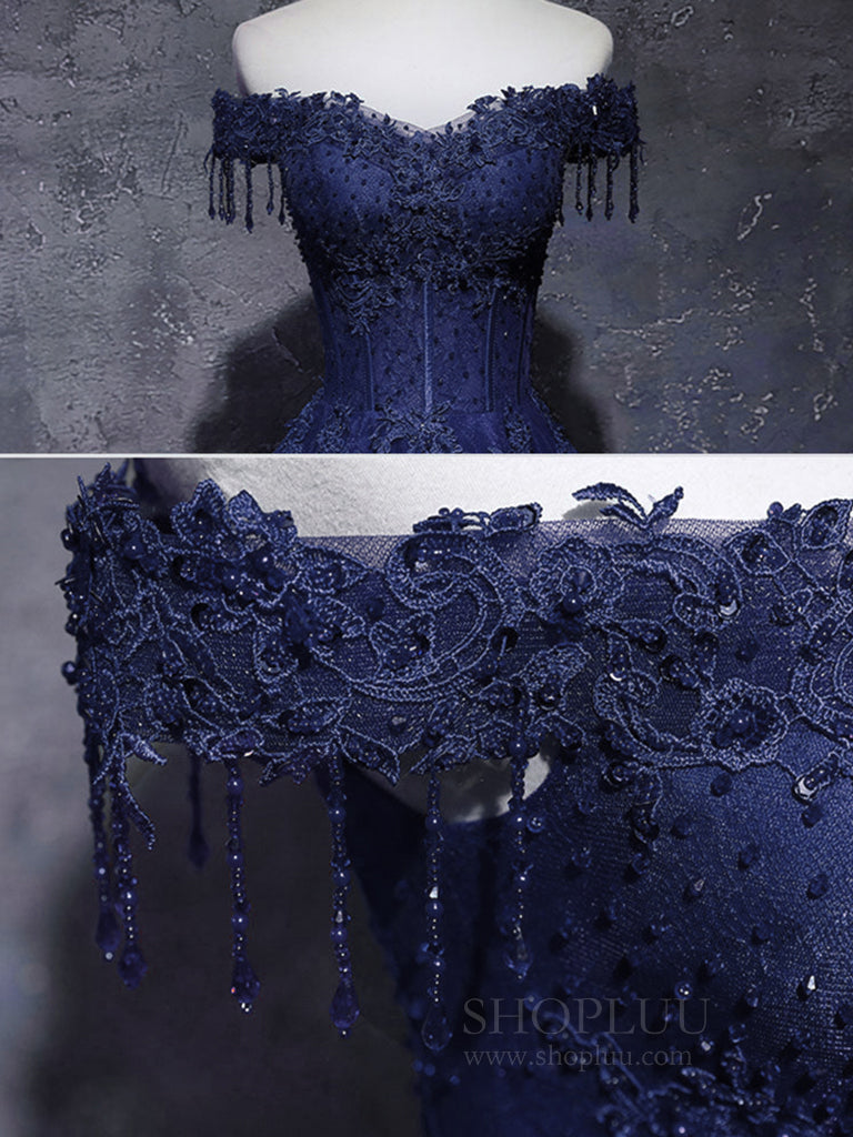 A-Line Off Shoulder Tulle Lace Dark Blue Long Prom Dress, Dark Blue Long Formal Dress