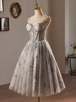 A-Line Sweetheart Neck Tulle Sequin Lace Gray Short Prom Dress