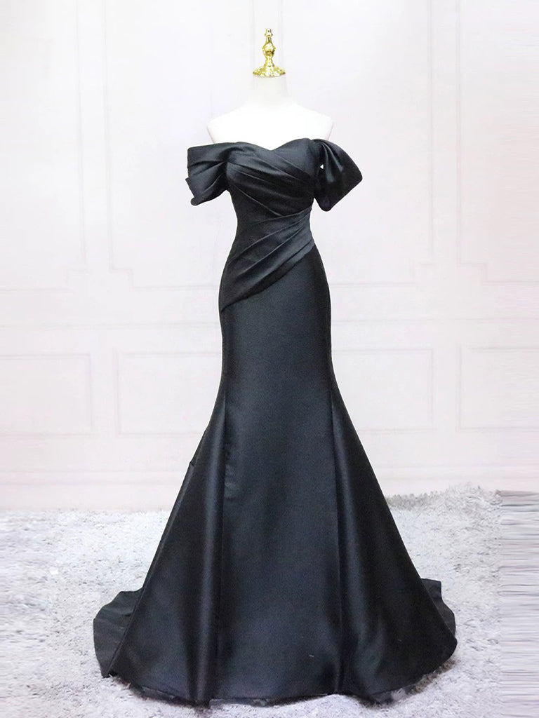 Mermaid Off Shoulder Satin Black Long Prom Dress, Black Long Formal Dress