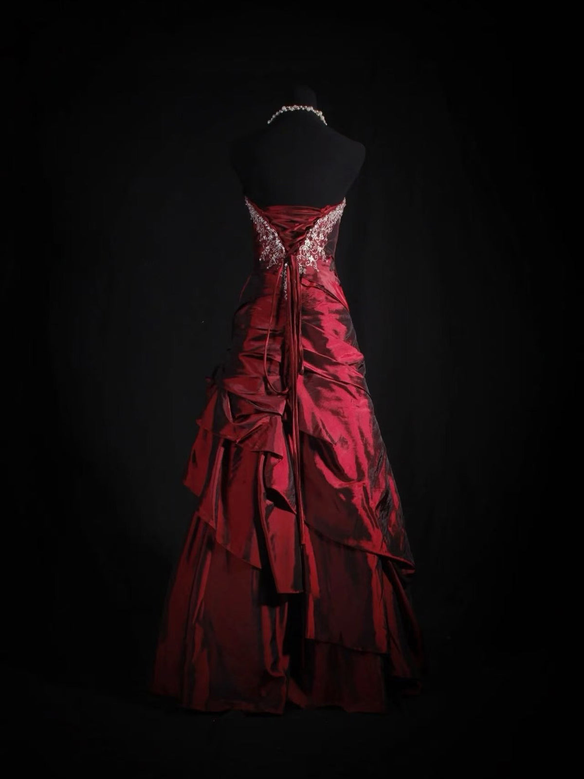 A-line Satin irregular Lace Sequin Burgundy Long Prom Dress