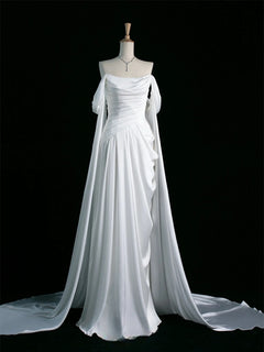 A-Line Off Shoulder Satin White Long Prom Dress, WhiteLong Formal Dress