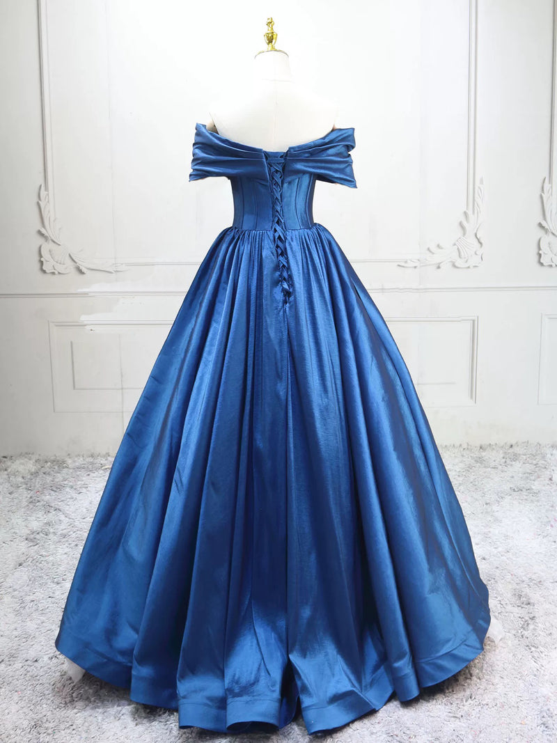 A-Line Off Shoulder Blue Long Prom Dress, Blue Long Formal Dress