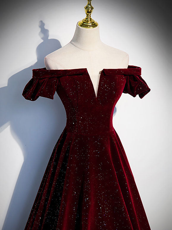 A-Line Off Shoulder Velvet Burgundy Short Prom Dress, Burgundy Homecoming Dress