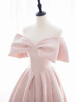 A-Line Off Shoulder Satin Pink Short Prom Dress, Pink Homecoming Dress