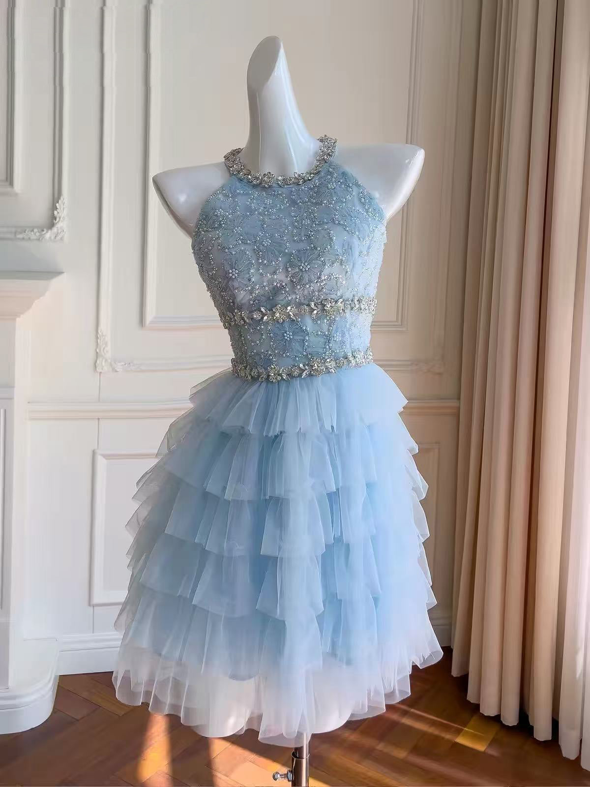 Light Blue Beaded Prom Dress with Tiered Tulle Prom Dress