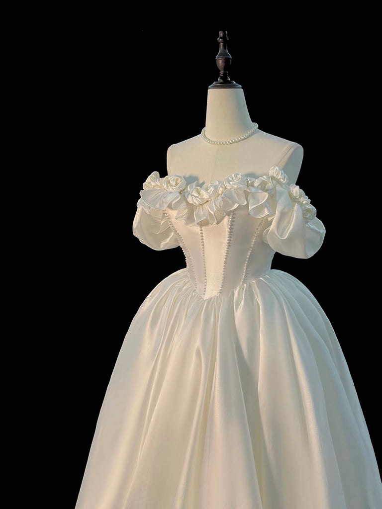 A-Line Off Shoulder Sweep Train Satin Ivory White Long Prom Dress