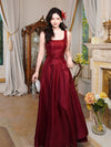 A-Line Satin Burgundy Long Prom Dress, Burgundy Long Party Dress