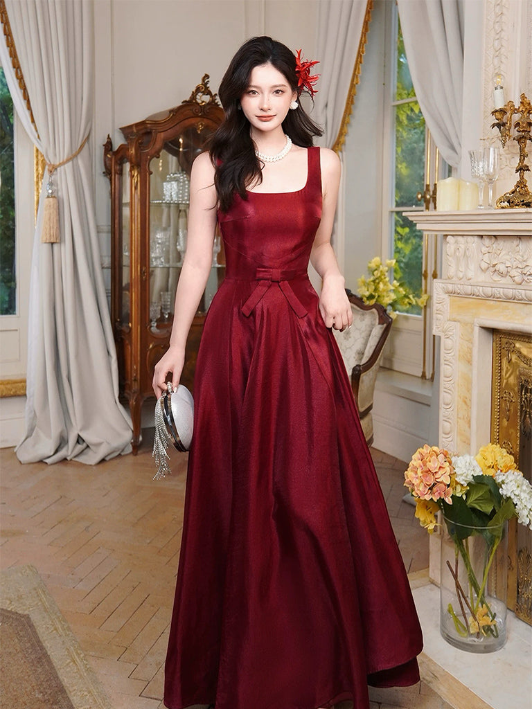 A-Line Satin Burgundy Long Prom Dress, Burgundy Long Party Dress