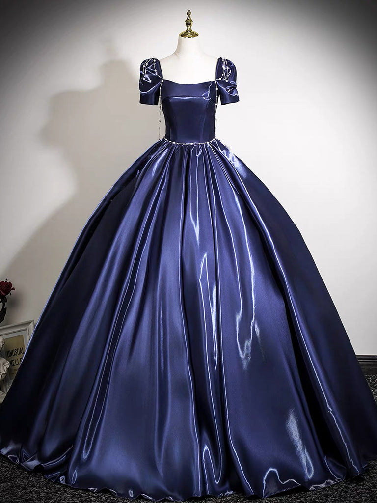 A-Line Puff Sleeves Dark Blue Long Prom Dress, Dark Blue Long Evening Dress