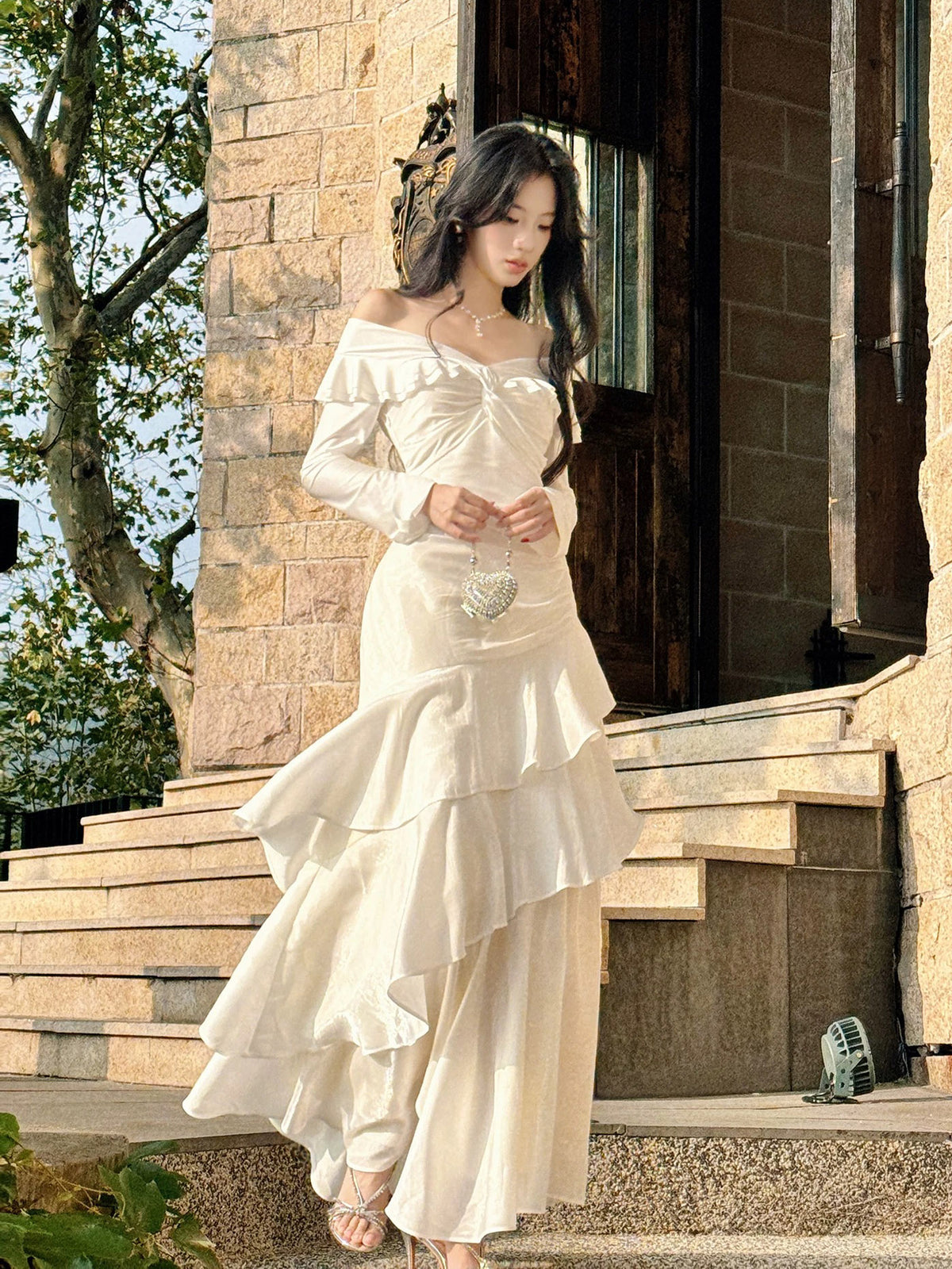 A-Line Sweetheart Long Sleeves ivory Long Prom Dress