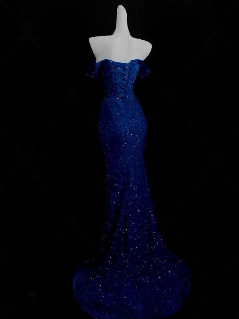 Simple Mermaid Velvet Sequin Blue Long Prom Dress, Blue Formal Dress