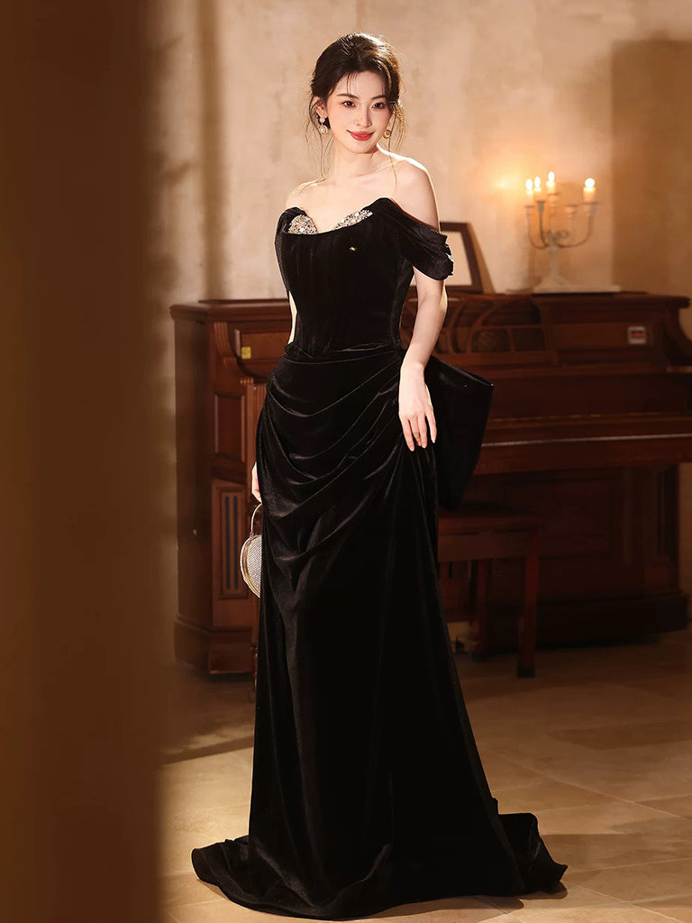 A-Line Off Shoulder velvet Black Long Prom Dress, Black Long Party Dress