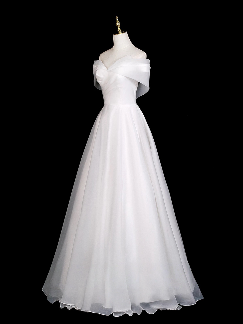 A-Line Off Shoulder Organza White Long Prom Dress, Organza Long Formal Dress