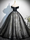 A-Line Off Shoulder Tulle Lace Black Long Prom Dress, Black Long Evening Dress