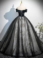 A-Line Off Shoulder Tulle Lace Black Long Prom Dress, Black Long Evening Dress