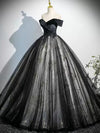 A-Line Off Shoulder Tulle Lace Black Long Prom Dress, Black Long Evening Dress