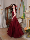 A-Line Satin Burgundy Long Prom Dress, Burgundy Long Party Dress