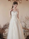 A-Line Tulle Lace Tea Length White Prom Dress, White Long Formal Dreess