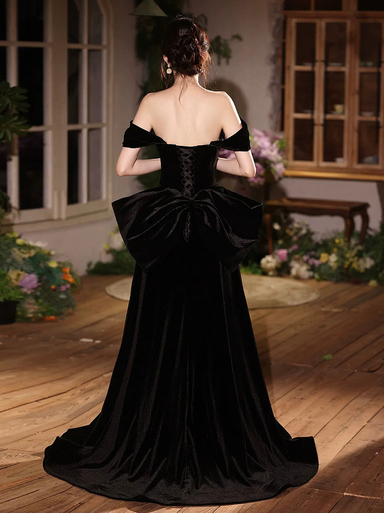 A-Line Off Shoulder velvet Black Long Prom Dress, Black Long Party Dress