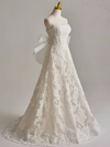A-Line Tulle Lace Light Champagne Long Wedding Dress with Bow
