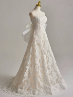 A-Line Tulle Lace Light Champagne Long Wedding Dress with Bow