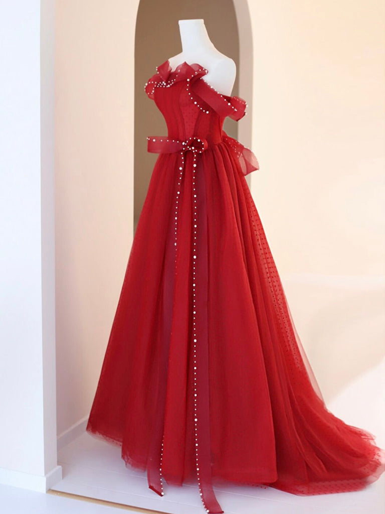 Burgundy A-Line Tulle Long Prom Dress, Burgundy Tulle Formal Dress