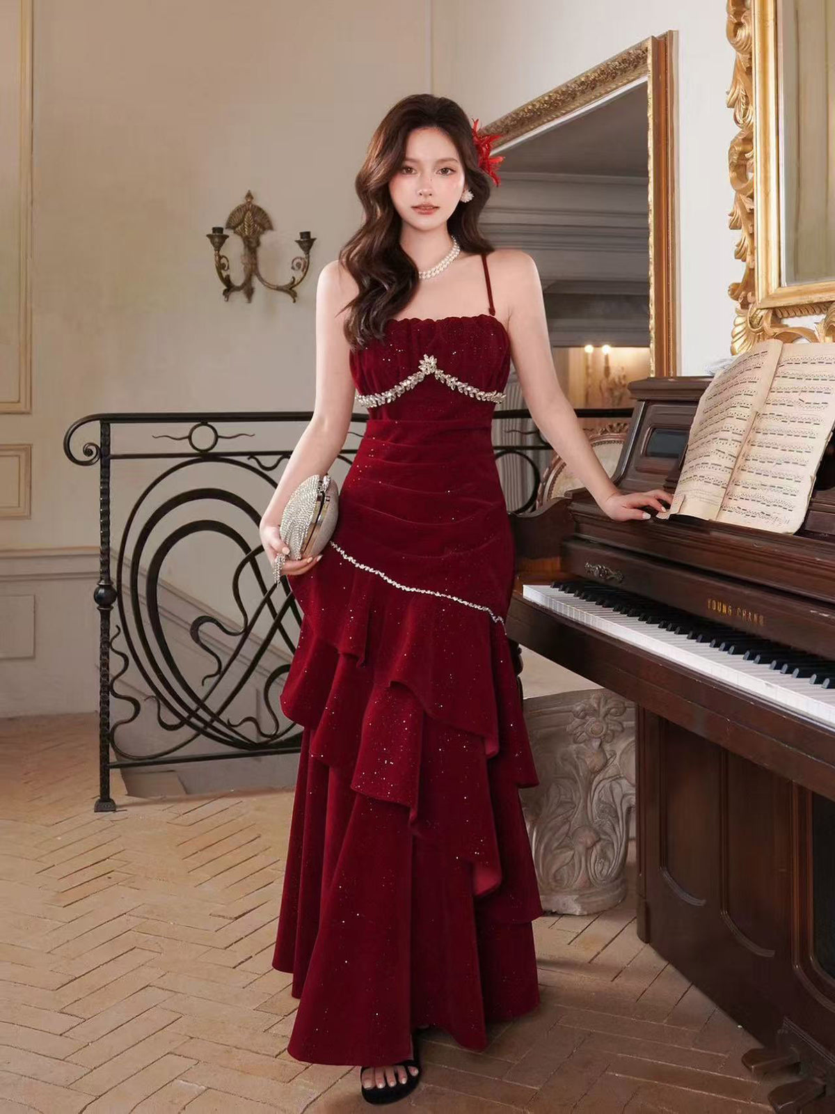 Unique Velvet Ruffles Floor Length Burgundy Prom Dress, Burgundy Party Dress