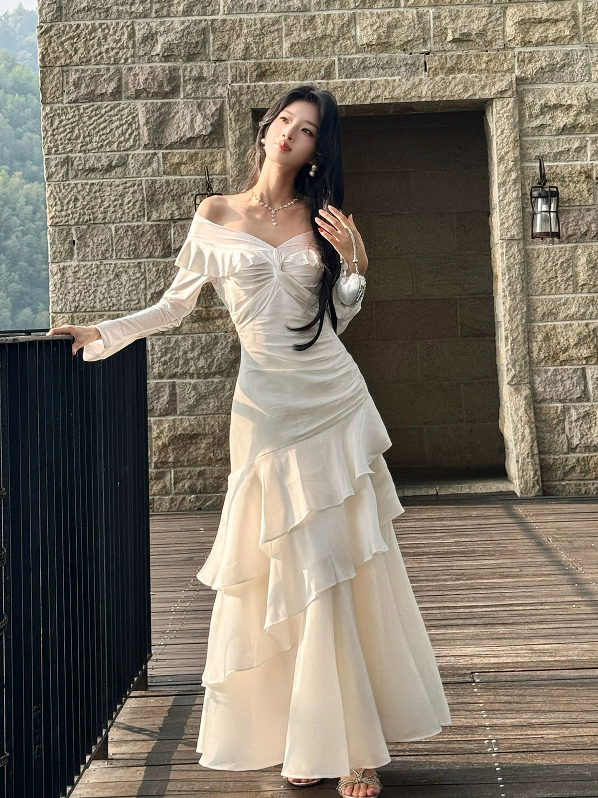 A-Line Sweetheart Long Sleeves ivory Long Prom Dress