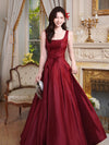 A-Line Satin Burgundy Long Prom Dress, Burgundy Long Party Dress