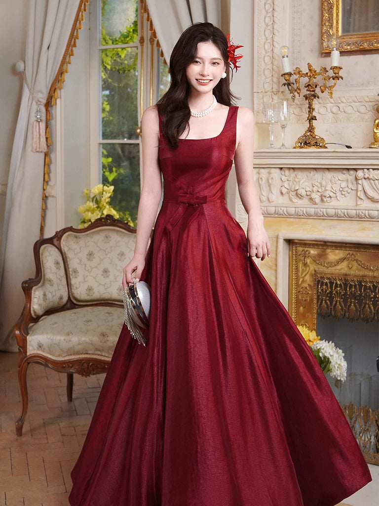 A-Line Satin Burgundy Long Prom Dress, Burgundy Long Party Dress