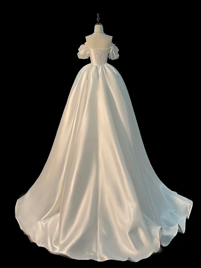 A-Line Off Shoulder Sweep Train Satin Ivory White Long Prom Dress