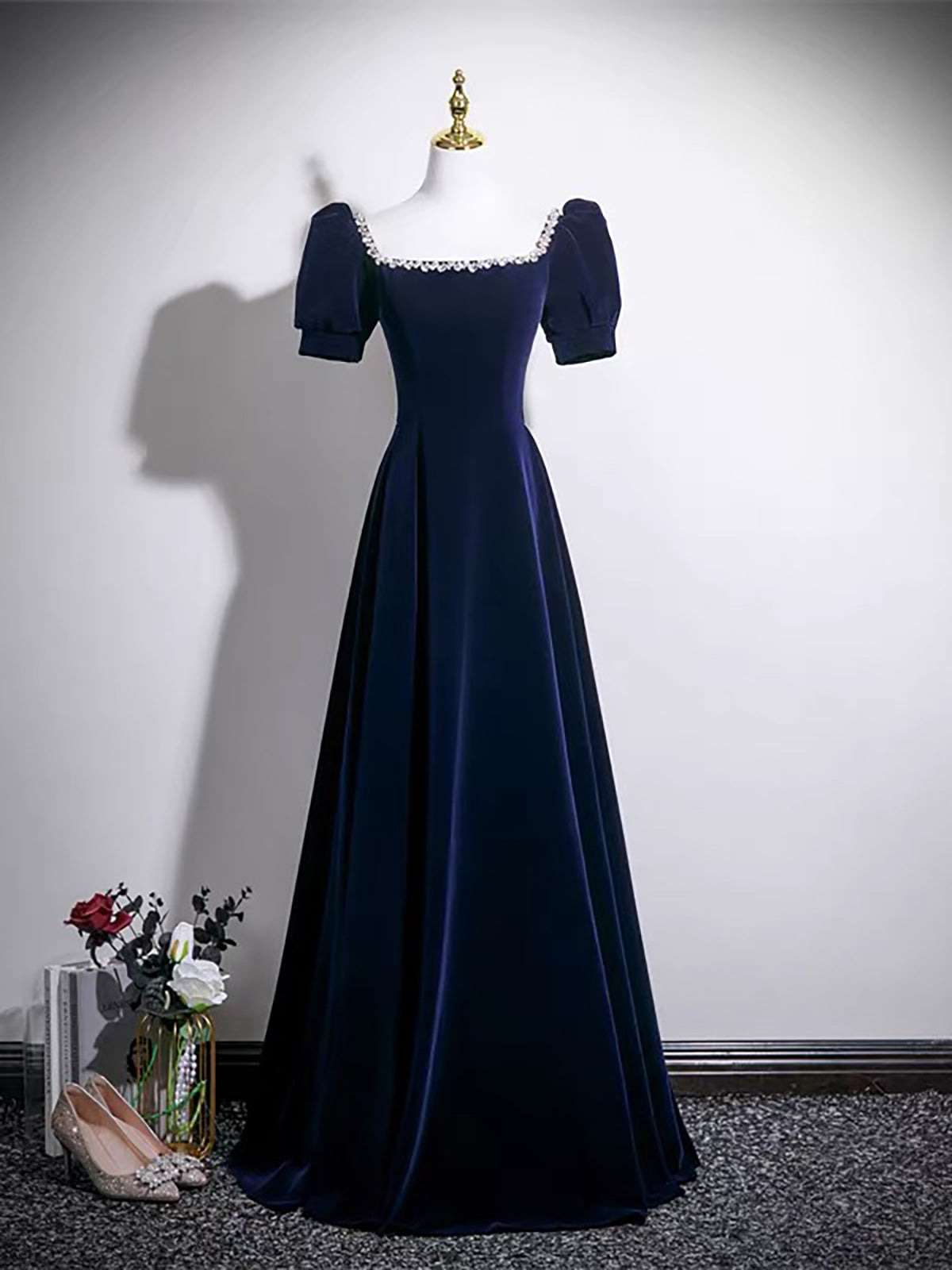 A-line Square Neckline Velvet Dark Blue Long Prom Dress with Beads