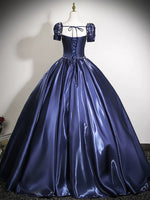 A-Line Puff Sleeves Dark Blue Long Prom Dress, Dark Blue Long Evening Dress