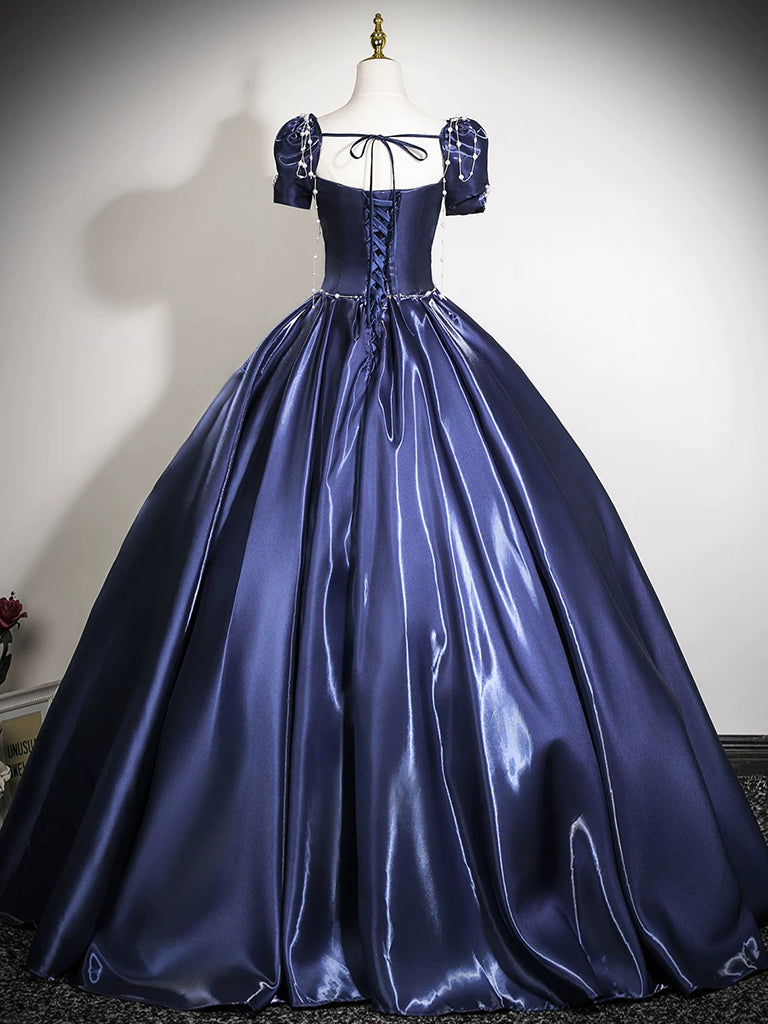 A-Line Puff Sleeves Dark Blue Long Prom Dress, Dark Blue Long Evening Dress